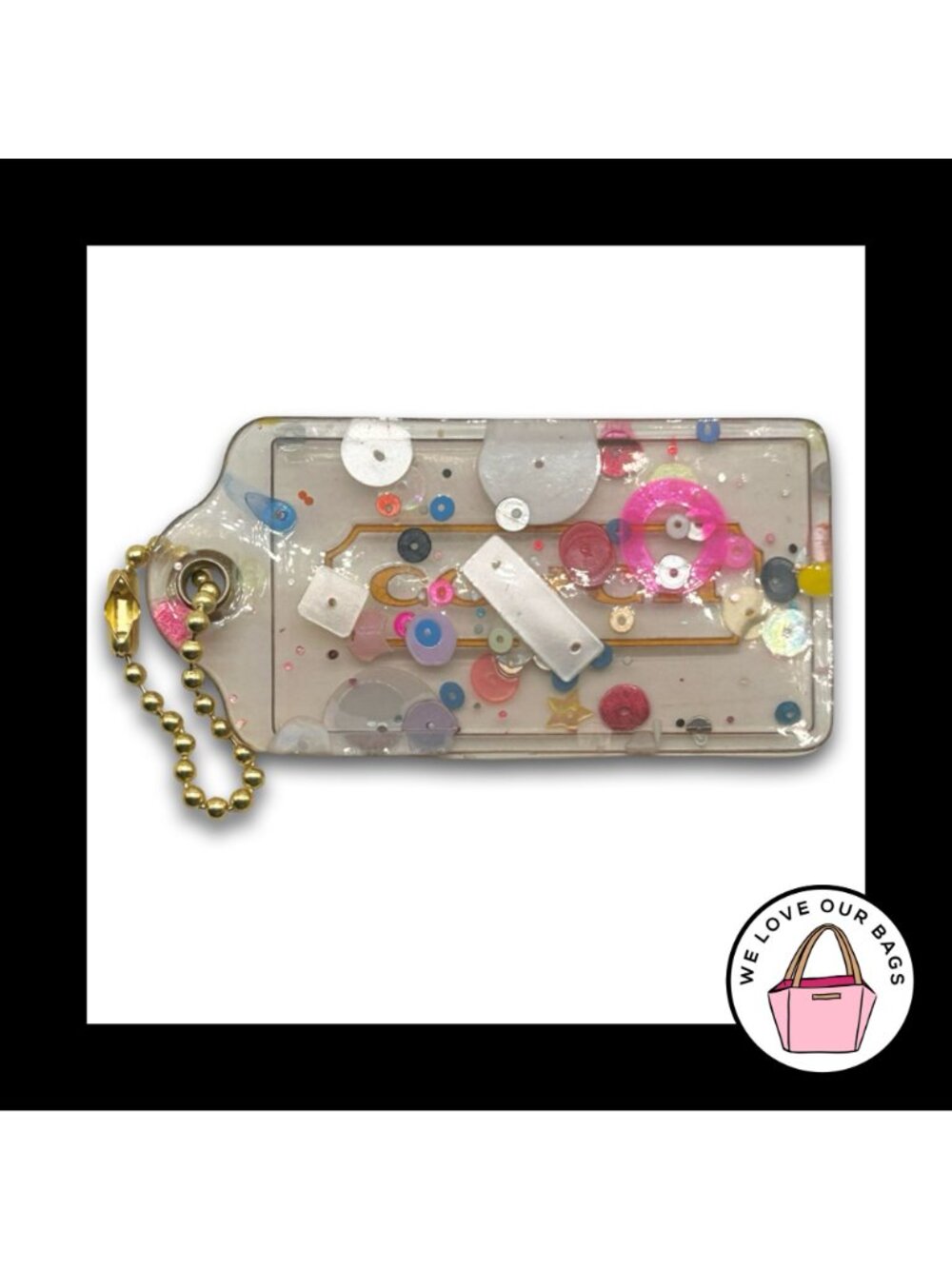 COACH POPPY CONFETTI Hang Tag Bag 3.5" Charm Keychain Fob Sequin Plastic Brass - Picture 4 of 4
